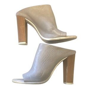 Vince Grey Beige Leather Peep Toe Wood Heeled Mules 7.5‎